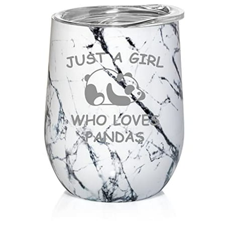 

12 oz Double Wall Vacuum Insulated Stainless Steel Stemless Wine Tumbler Glass Coffee Travel Mug With Lid Just A Girl Who Loves Pandas (Black White Marble)