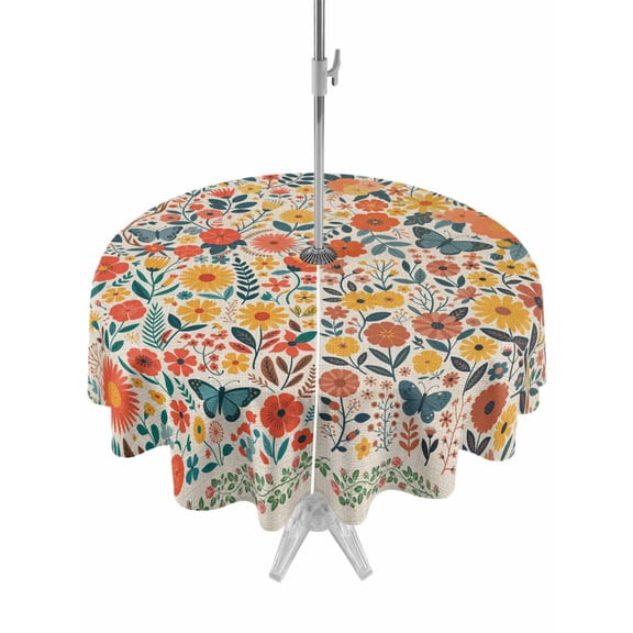 Boho Beige Flowers Outdoor Tablecloth - 60 Inch Round Dining Table Cover, Spring Abstract Watercolor Floral Leaf Waterproof Outdoor Table Cloth with Umbrella Hole & Zipper for Picnic/Patio/Party