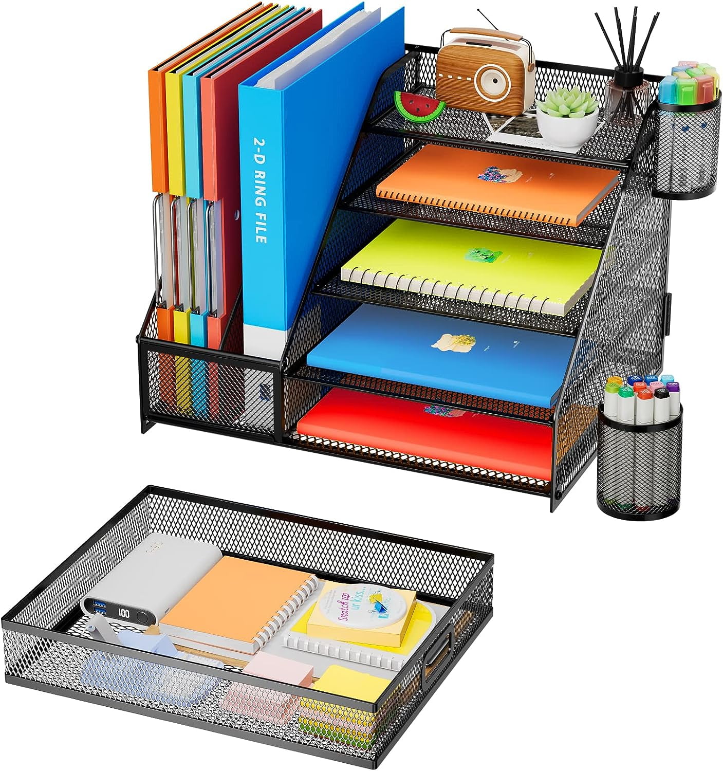 Marbrasse Desk Organizer with File Holder, 5-Tier Paper Letter Tray Organizer with Drawer and 2 Pen Holder, Mesh Desk Organizers and Accessories
