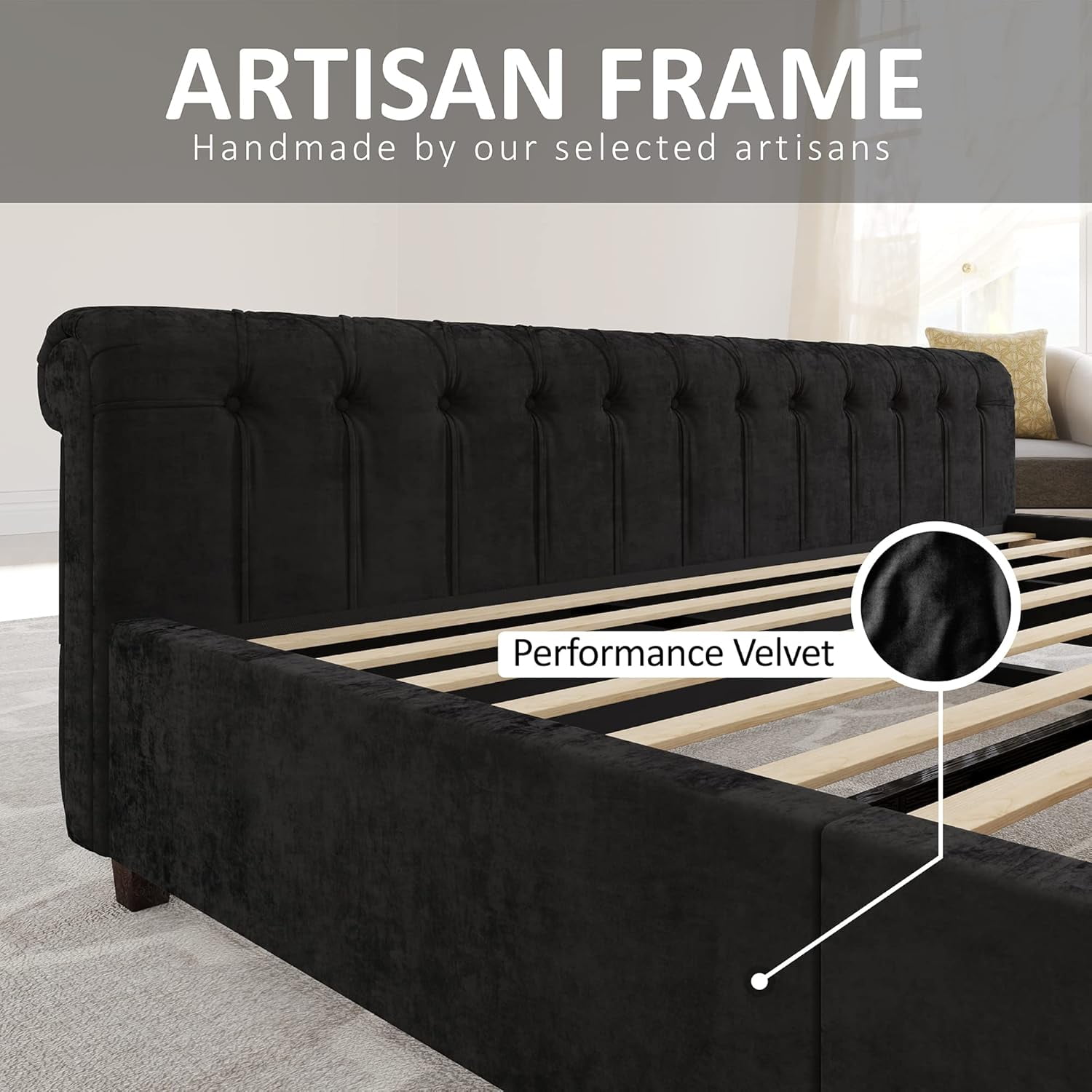 Amerlife King Size Platform Bed Frame, Velvet Upholstered Sleigh Bed with Scroll Wingback Headboard and Footboard, Button Tufted, Black