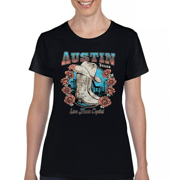 Austin TX Live Music Capital T-Shirt Country Cowgirl Boots and Hat Women's Tee