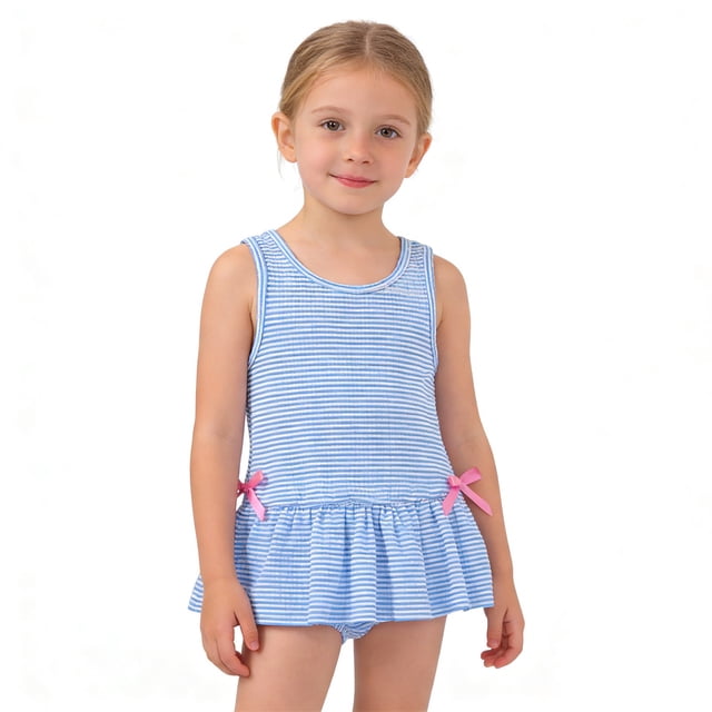 Girls One Piece Swimsuits With Bow And Ruffle Skirt Striped Print Girls Swimsuit Bathing Suits For Girls 3-4 Years