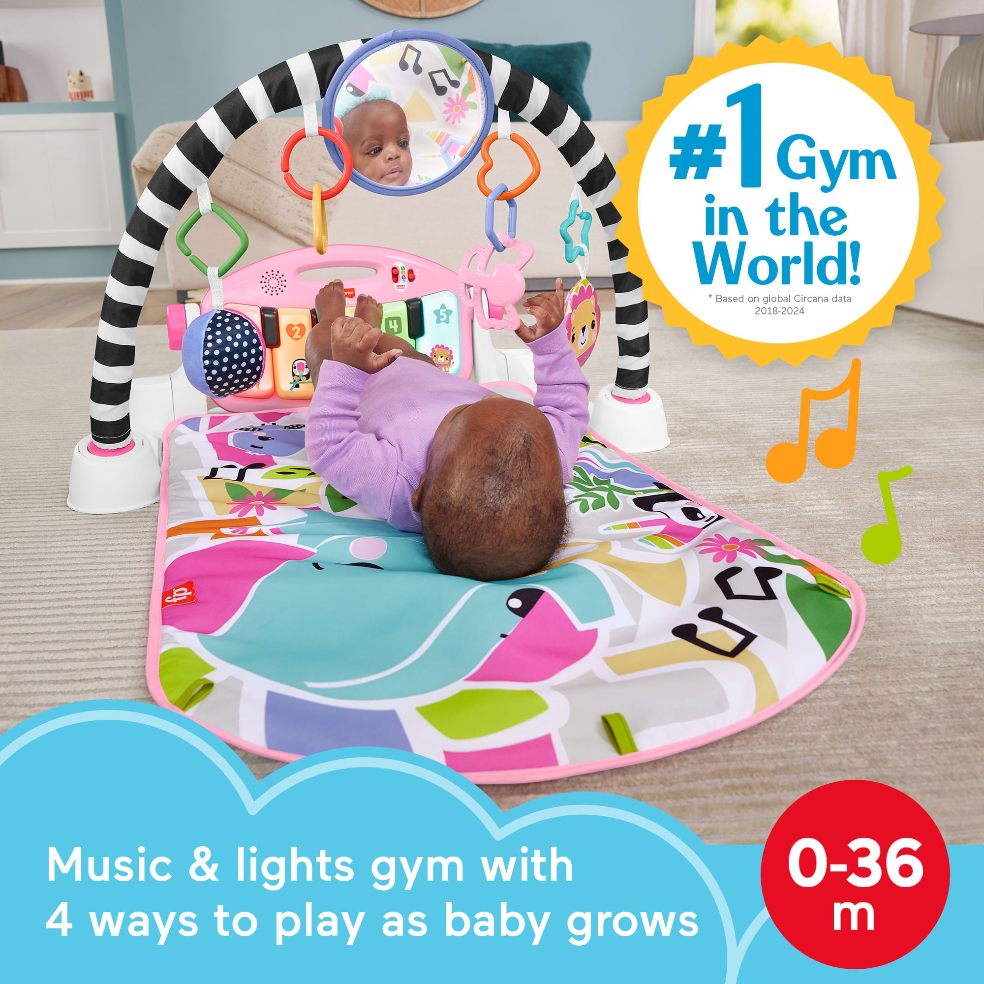 Fisher-Price Glow and Grow Kick & Play Piano Gym Baby Playmat with Musical Learning Toy, Pink