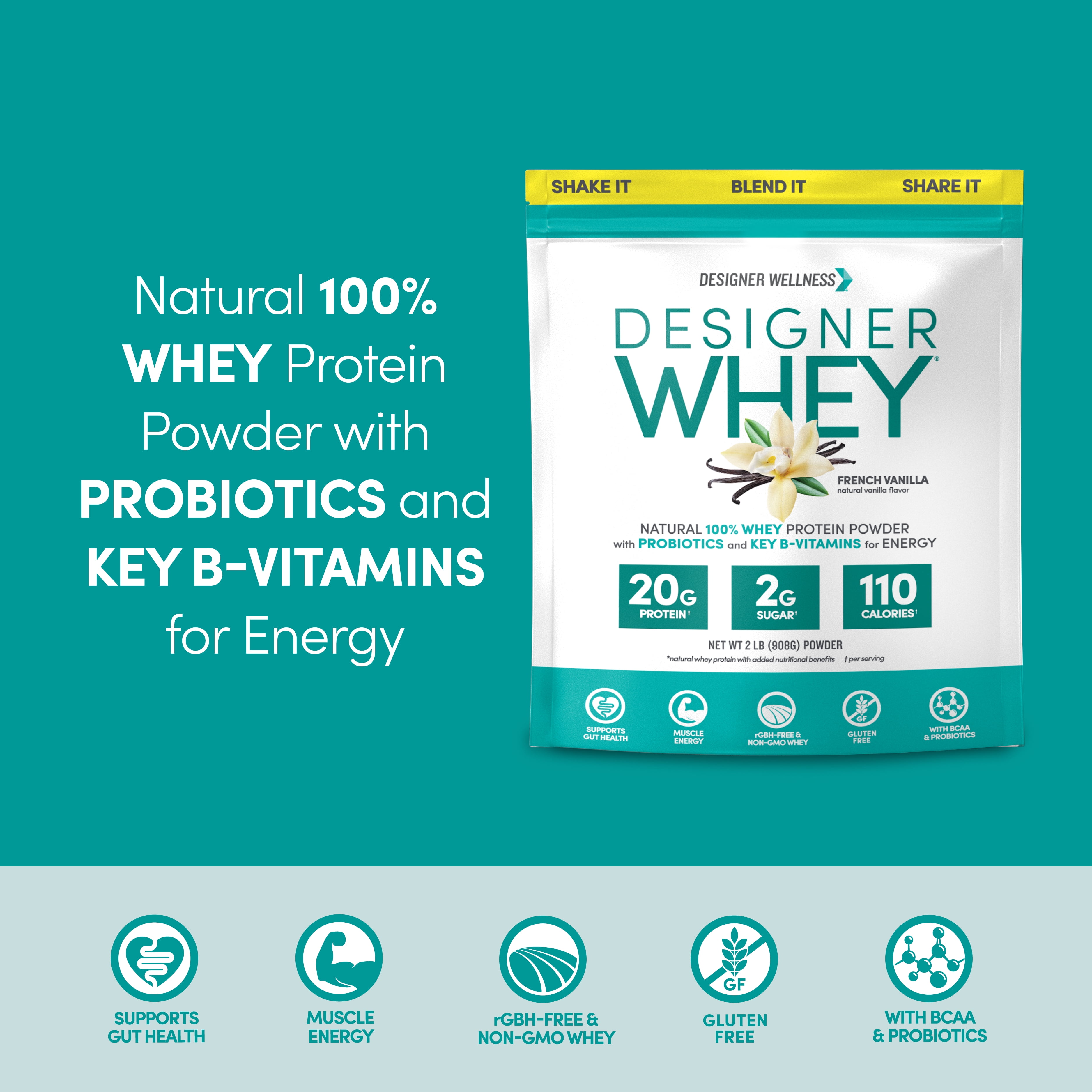 Designer Wellness, Designer Whey, Natural 100% Whey Protein Powder with Probiotics, Fiber, and Key B-Vitamins for Energy, Gluten-free, Non-GMO, French Vanilla, 2 lb