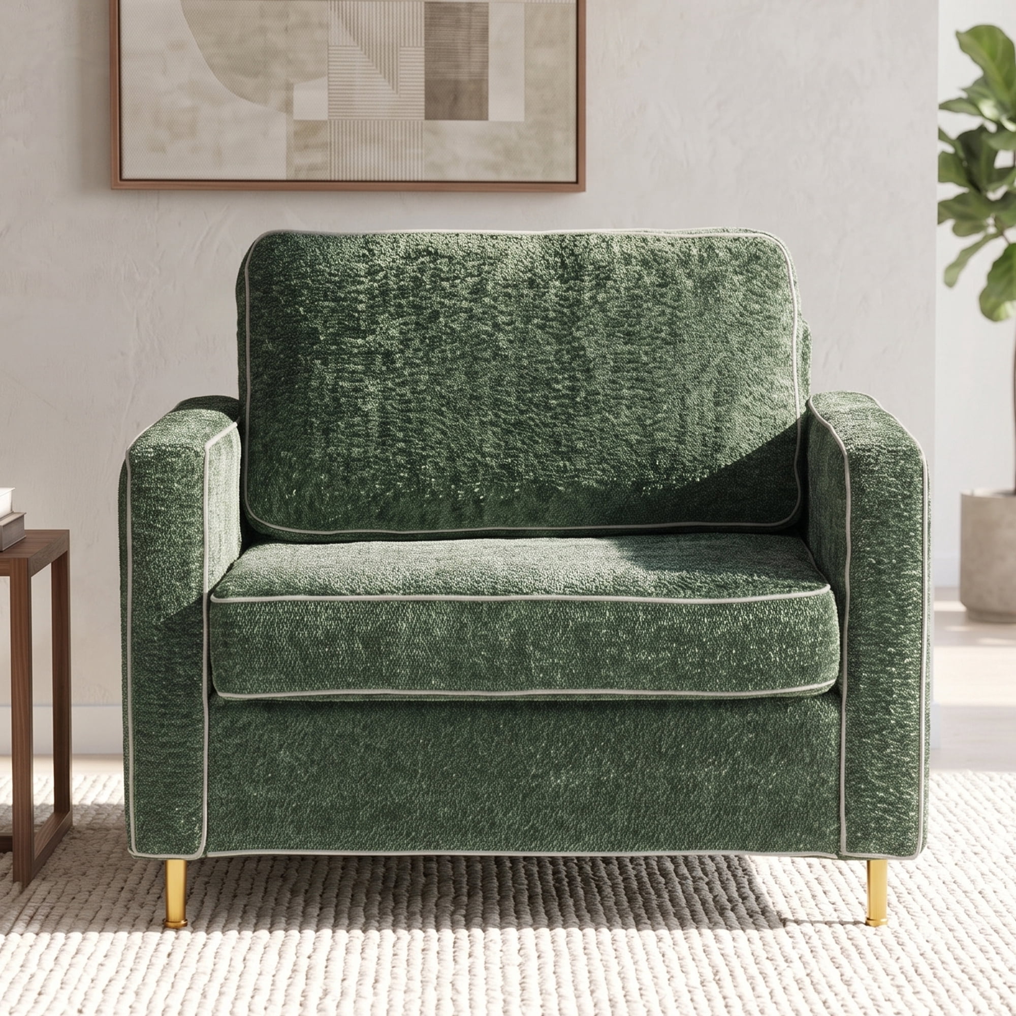 Euroco Modern Accent Chair, Oversized Chenille Upholstered Single Sofa with Deep Seat and Wood Legs, Comfy Reading Armchair for Living Room Bedroom,Green
