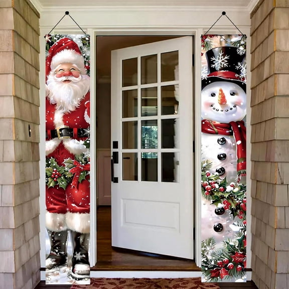 2-Piece Christmas Porch Banners, 71 x 12 Inch Santa & Snowman Hanging Signs, Vertical Holiday Decor for Front Door, Yard, Wall, Entryway, Winter Party and Home Decor