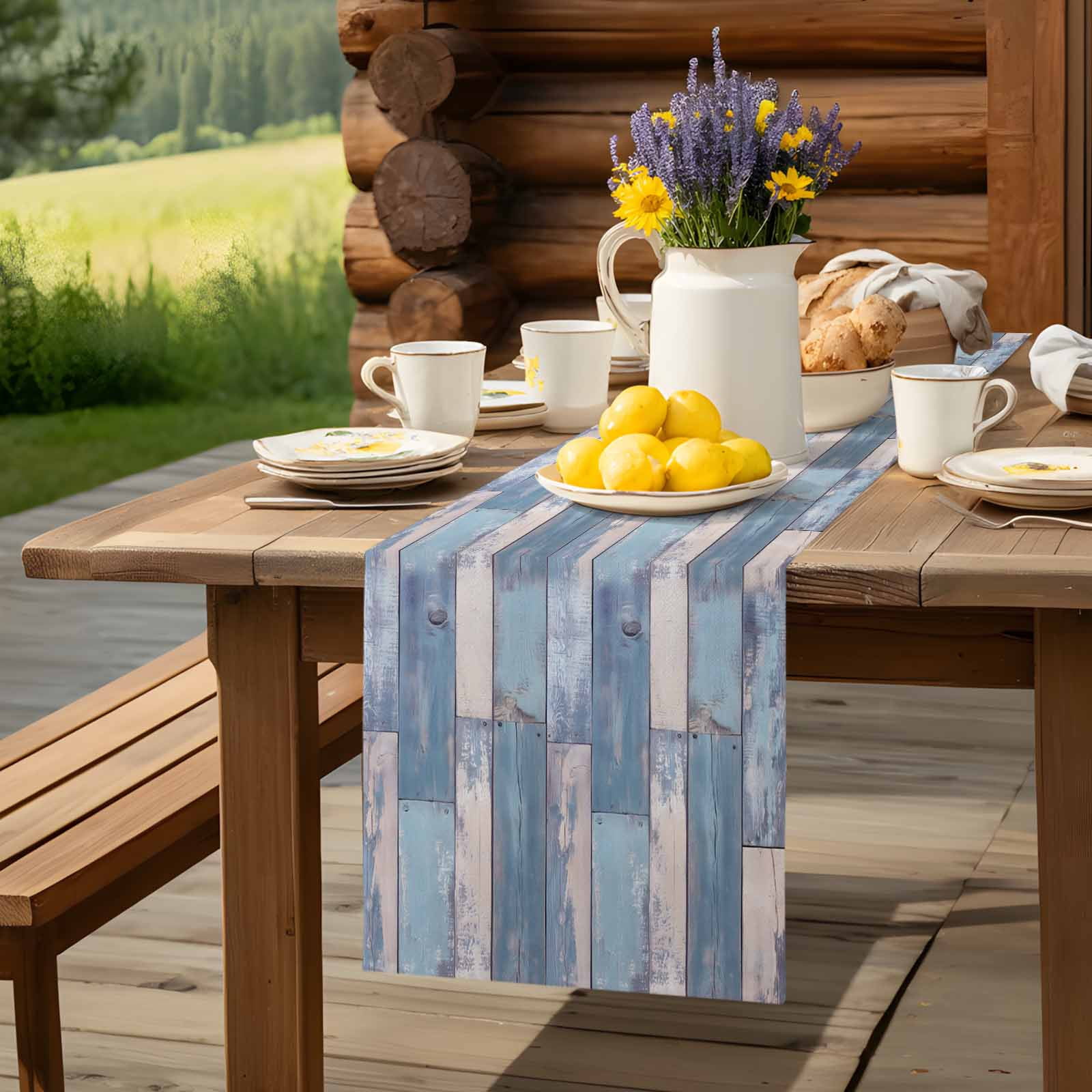 Blue Vintage Wood Grain Table Runner 90 Inches Long, Abstract Farmhouse Wooden Table Runners Tabletop Scarf Kitchen Dining Tables Decoration for Home Party Indoor Outdoor