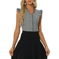 thumbnail image 1 of Blusa de mujer con volantes de cuadros Gingham Inspire Chic, cuello en V, manga corta, talla XS, color negro, 1 of 6