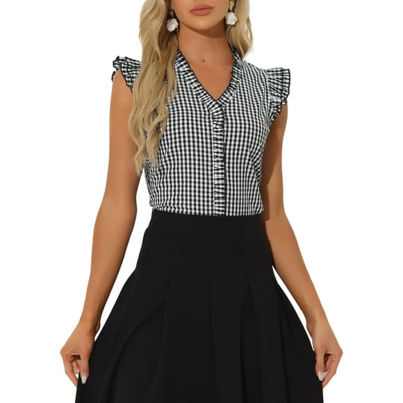 INSPIRE CHIC Women's Gingham Top Ruffle Shirt V Neck Cap Sleeve Plaid Blouse M Black