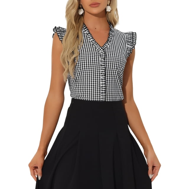 Blusa de mujer con volantes de cuadros Gingham Inspire Chic, cuello en V, manga corta, talla XS, color negro