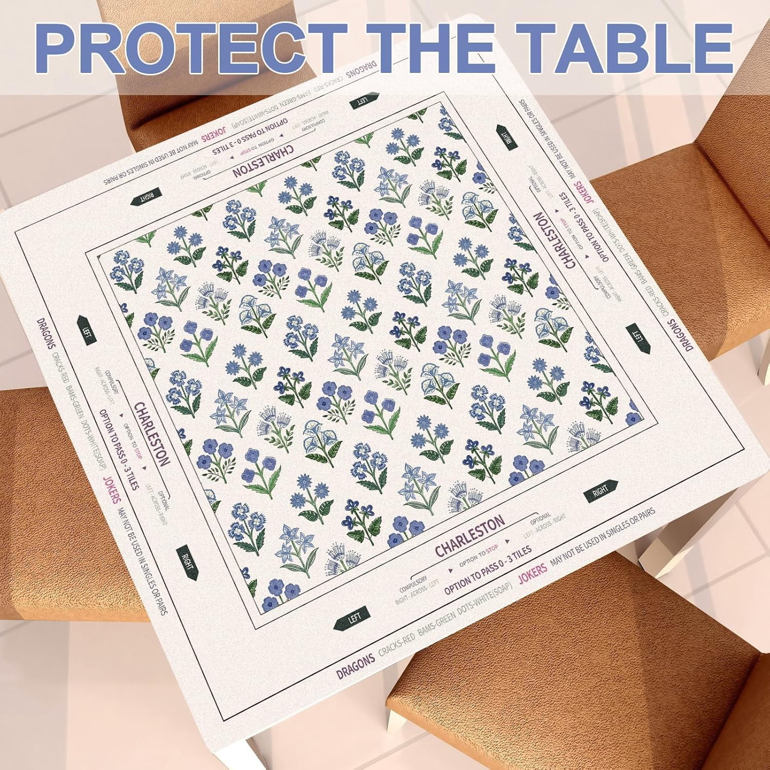 Tegeme Chinoiserie Mahjong Mat 31.5" x 31.5" Purple Green Floral Mat Anti Slip and Noise Reduction Multi Purpose Game Table Cover Non-Slip Noise Reduction Gaming Rug for Mahjong Card Board Tile Games
