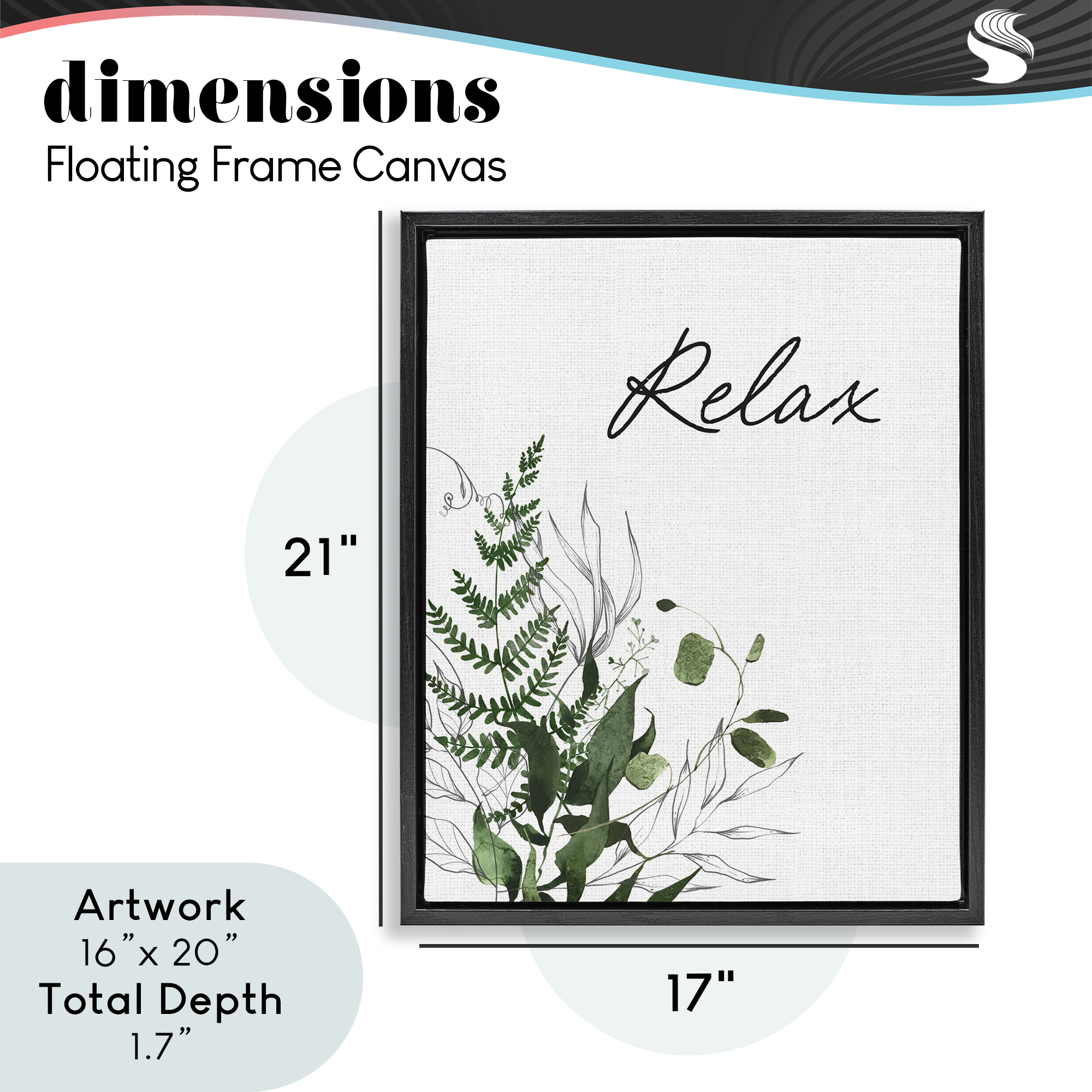 Relax Ferns & Botanicals Black Framed Floater Canvas Wall Art, design by Lettered and Lined