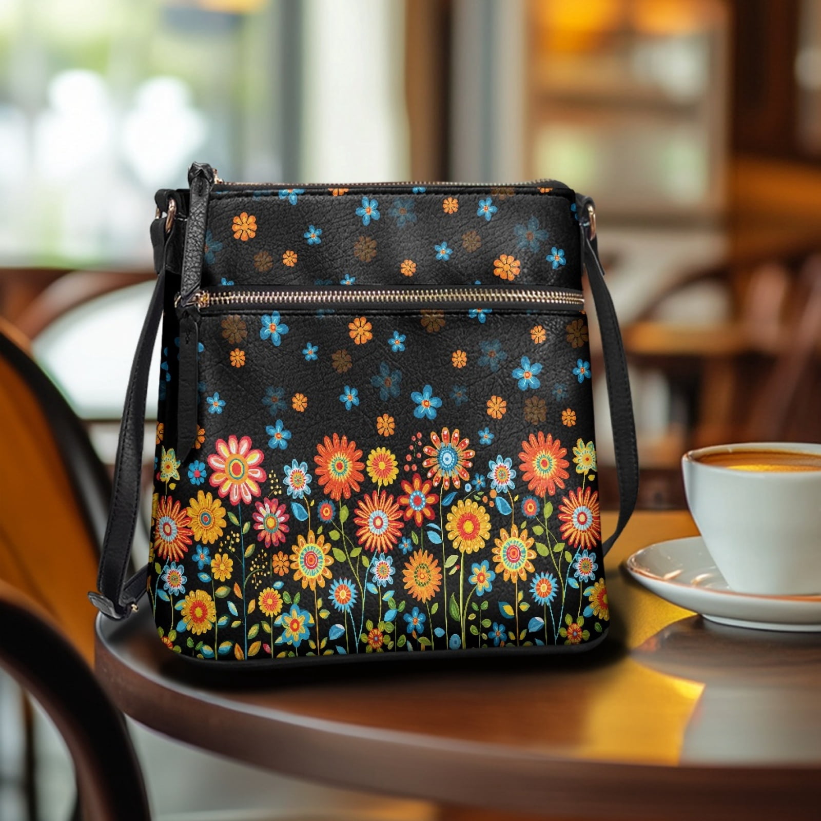 ZUXONGSY Boho Daisy Flower Print PU Shoulder Bag for Women Large Shoulder Handbags Messenger Bag Trendy Travel Purse with Shoulder Strap Pocketbook for Business Dating
