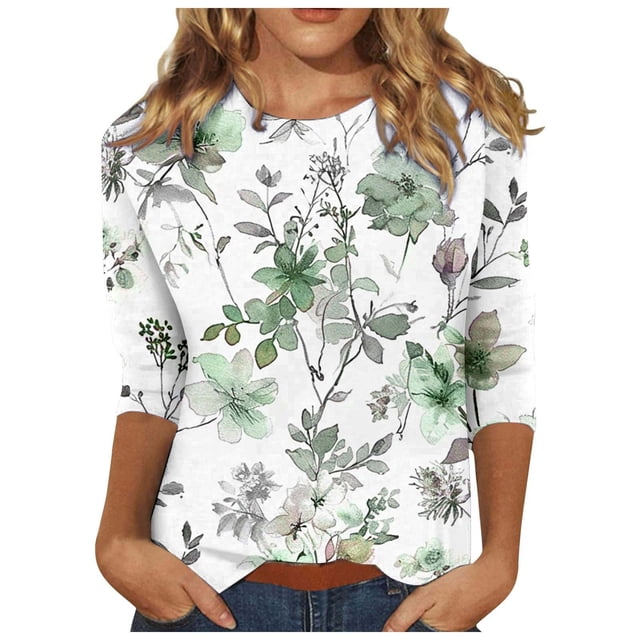 Pisexur Womens Hauts Mode Imprimé Floral T-Shirts Décontractés Col Rond Manches 3/4 Tee Tops Tendance Blouses Été Automne