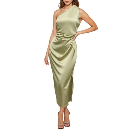 Youmylove Women s Casual Dresses Womens Temperament Slim Fit One Shoulder Style Slit Sexy Satin Dress Corset Short Party Dresses