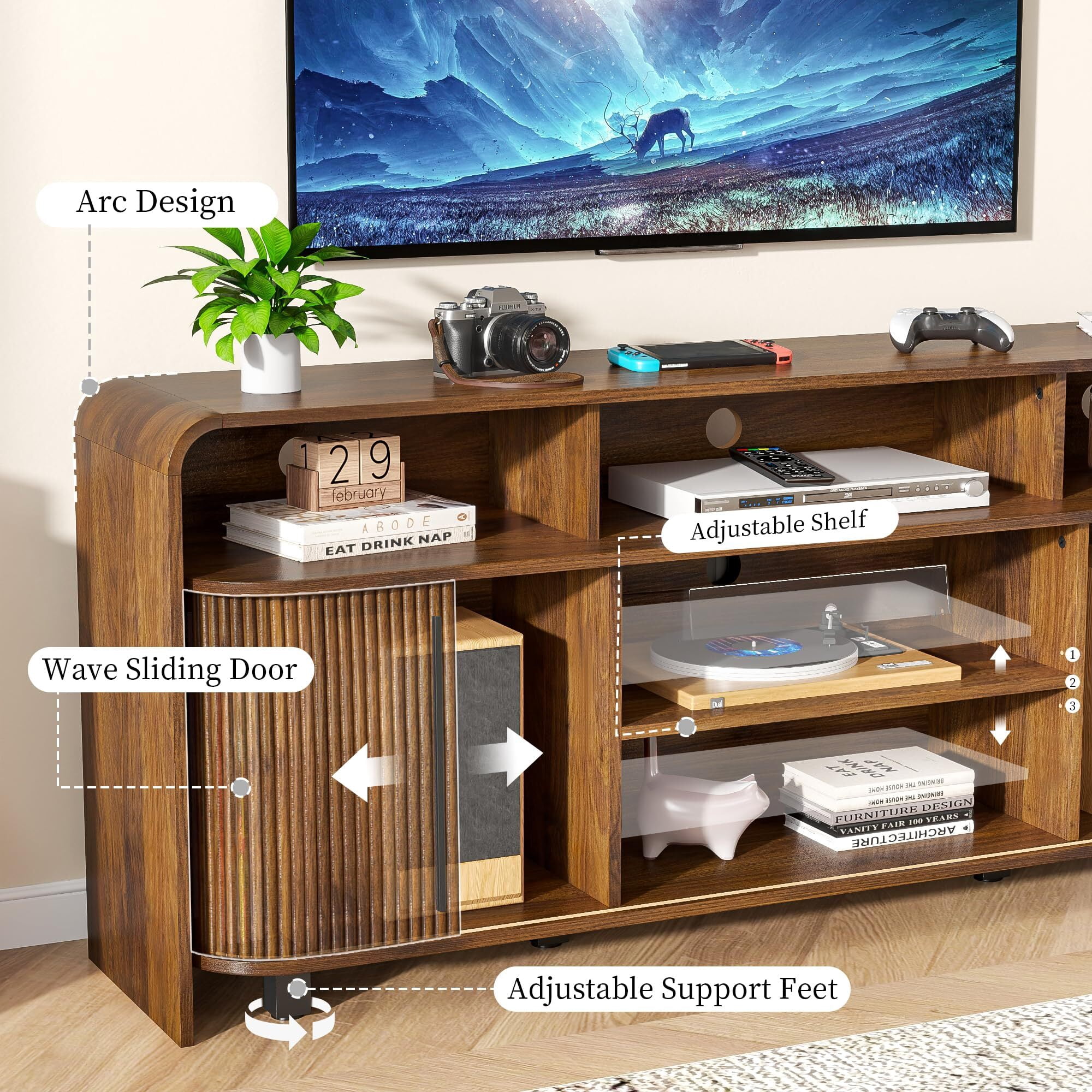 Walnut TV Stand for 65-75" TV, 63" Fluted Mid Century Modern Console with Sliding Doors, Storage, Adjustable Shelves
