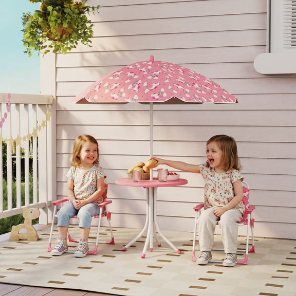 Qaba Kids Picnic Table with 2 Folding Chairs and Umbrella, Unicorn Theme Portable Children Outdoor Furniture for Backyard, Garden, Patio, Pink