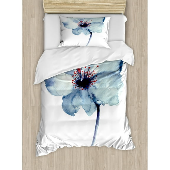 Watercolor Duvet Cover Set, Design of a Spring Flower with Blue Tones Birth of Life Theme Print, Decorative 2 Piece Bedding Set with 1 Pillow Shams, Twin Size, Pale Blue, by Ambesonne