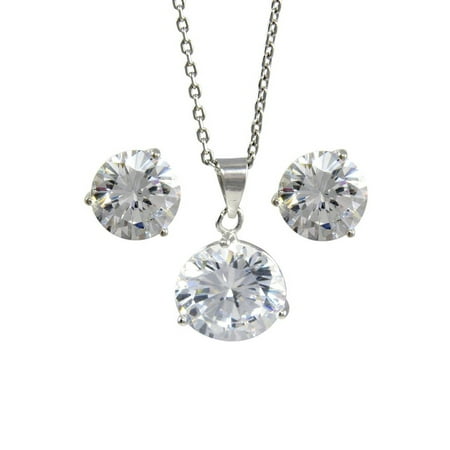 - Platinum Plated Sterling Silver White Cubic Zirconia Pendant Necklace 11mm and Stud Earrings 10mm