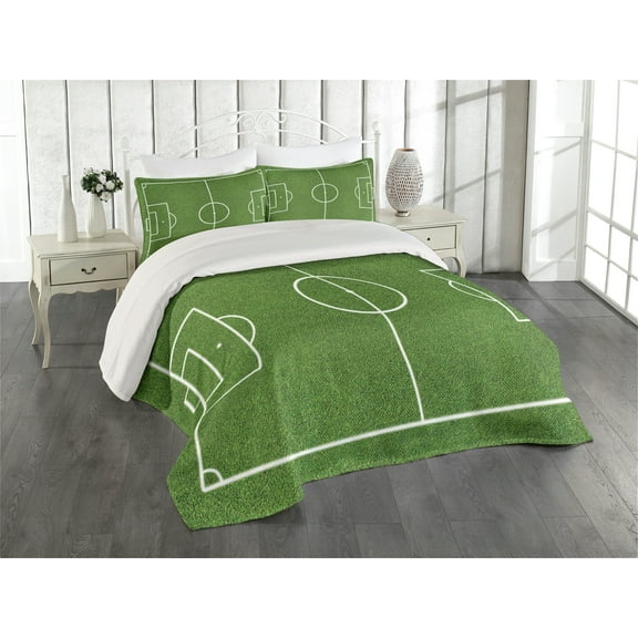 Ambesonne Sports Quilted Coverlet 3 Pcs, Soccer Stadium Field Print, King Size, Fern Green White