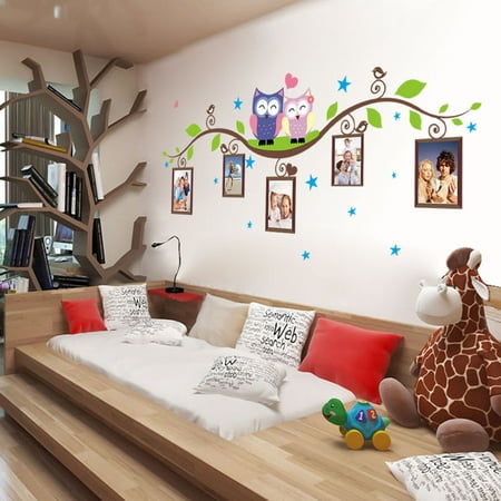 Sticker mural animaux hiboux branche famille cadres photo maison enfants  bébé chambre décor