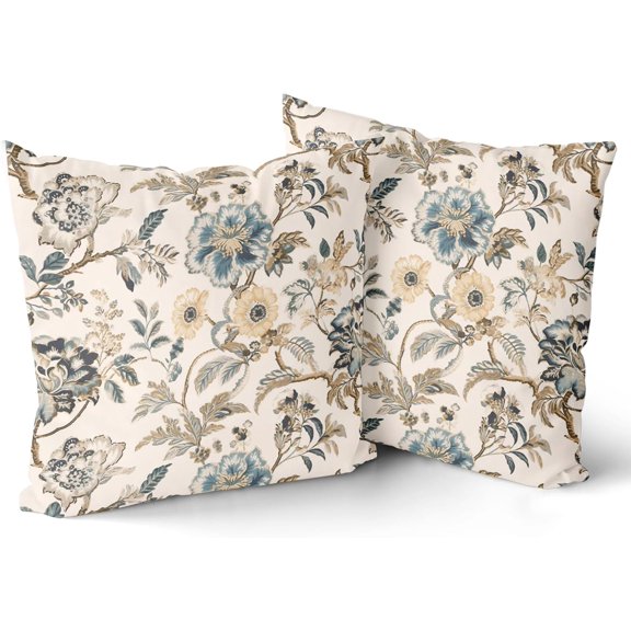 Blue Floral Pillow Covers 18x18 Inch Set of 2 Chinoiserie Traditional Floral Pillow Case Blue and Tan Vintage Flowers Cushion Case Decorative Farmhouse Cushion Cover for Couch Sofa