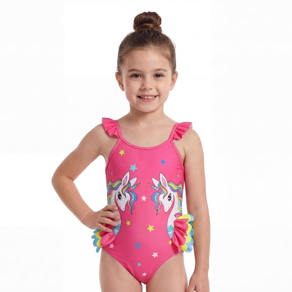 Girls One Piece Cartoon Swimsuit with Colorful Ruffles Design Cute Character Swimwear Size 3-6Y