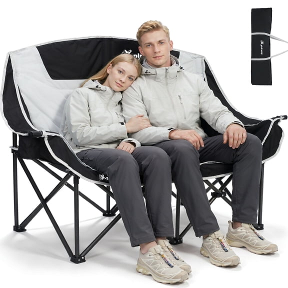 XplrKamp Double Camping Chair 2 Person Oversized Loveseat Lawn Couch with High Back Heavy Duty Folding Sofa for Adults up to 750LBS Black