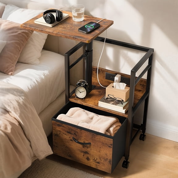 Two-Tier Swivel Nightstand with Lift Top, Rolling Wheels, and Charging Station, Rustic Brown Adjustable Bedside Table for Bedroom