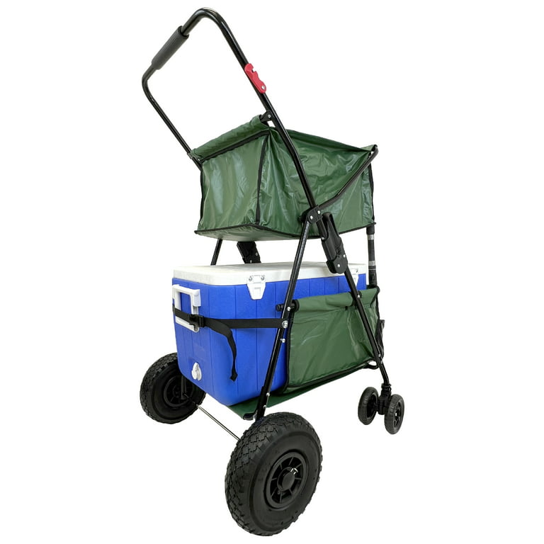 Fishing Cart Wagon - Holds 5 Fishing Poles – Portable - Large Air Rubber Wheels – Cooler Platform – Storage Pouch – Folds to Fit in Trunk of Car 
