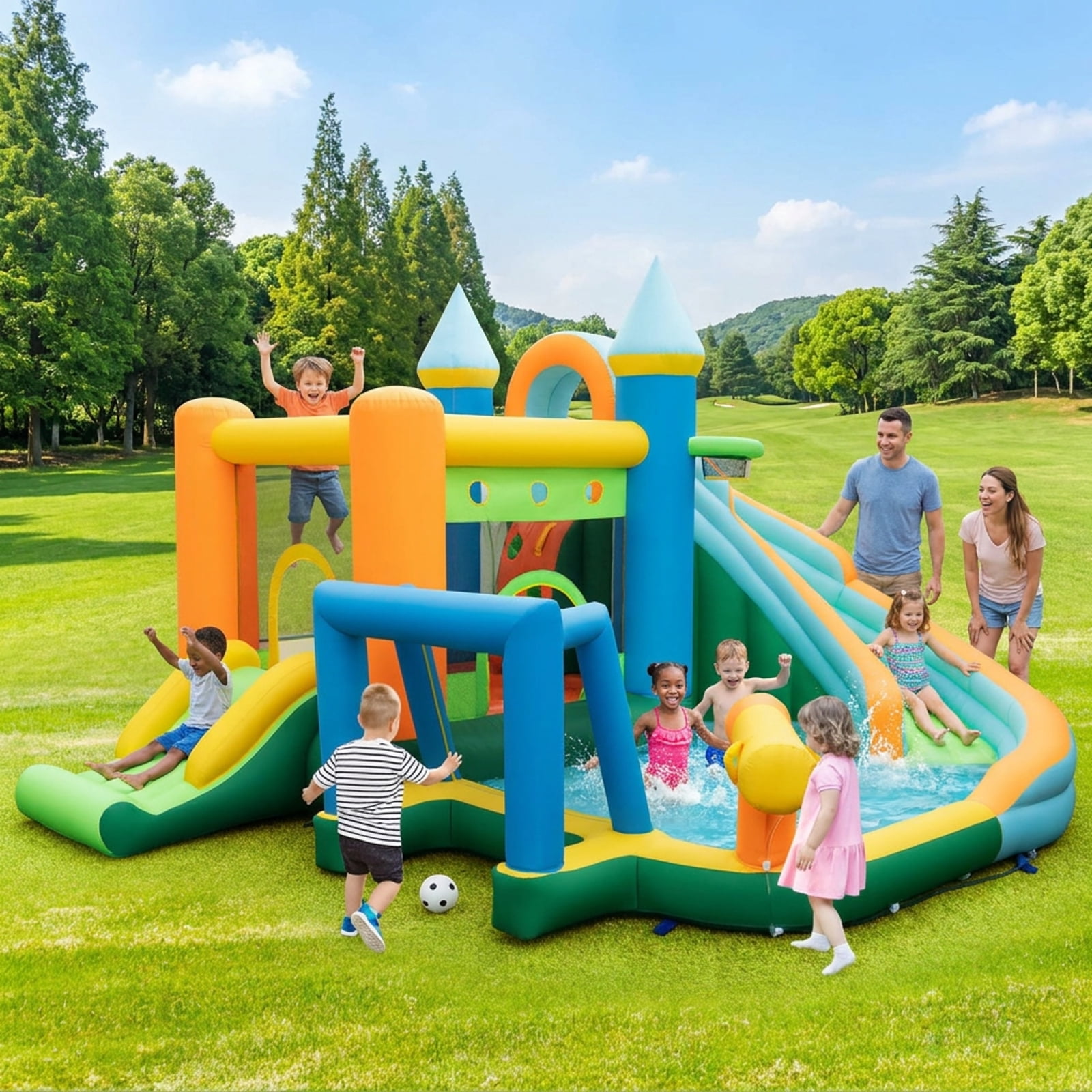 Redsmile Inflatable Water Slide Bounce House with Dual Slides and Splash Pool, Backyard Water Slide with Basketball Rim, Soccer Goal and Ball Pit for Kids Ages 3-10 (Without Blower)