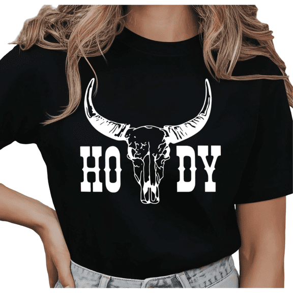 UNISHE Women's Longhorn Skull Howdy Western Cowgirl Minimalist Print Short Sleeve T-shirt Relaxed Fit