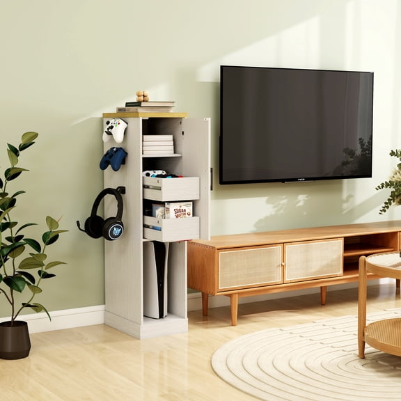 44.49 Inch Ultra-Thin AV Media Cabinet - Game Console Stand & Storage Unit with 2 Drawers & 3 Hooks, Compatible with PS5 & Xbox