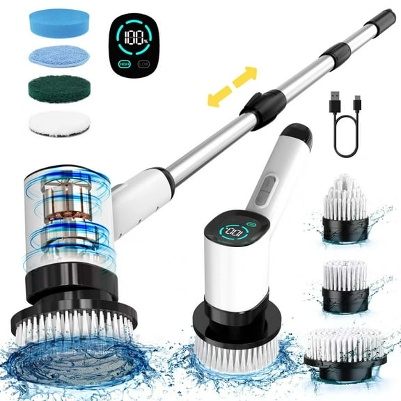 RotaShine Electric Spin Scrubber - Electric Scrubber for Cleaning with 7 Replaceable Heads - Full-Body Waterproof Tub Scrubber with Long Handle - Electric Brush Cleaner for Bathroom