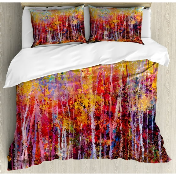 Nature Duvet Cover Set, Vibrant Colored Painting Trees in the Autumn Forest Impressionistic Art, Decorative 3 Piece Bedding Set with 2 Pillow Shams, Calking Size, Orange Yellow, by Ambesonne