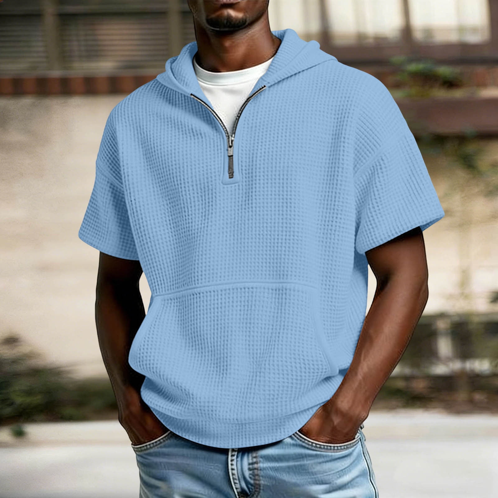 KIHOUT Men's Solid Color Waffle Texture Short Sleeve Hoodie Half