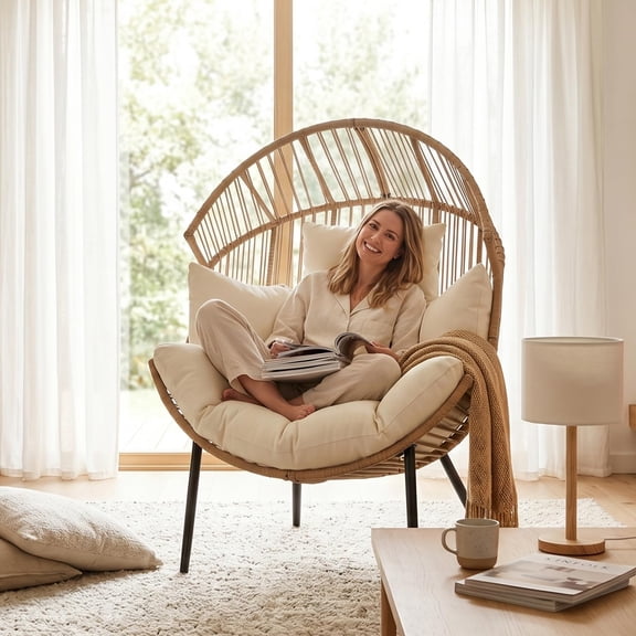 Oversized Rattan Egg Chair for Patio – Modern Outdoor Lounge Chair with Extra-Thick Cushion & Pillow – Comfortable Wicker Swing for Garden, Balcony, Living Room – Cream Cushion, Natural Frame