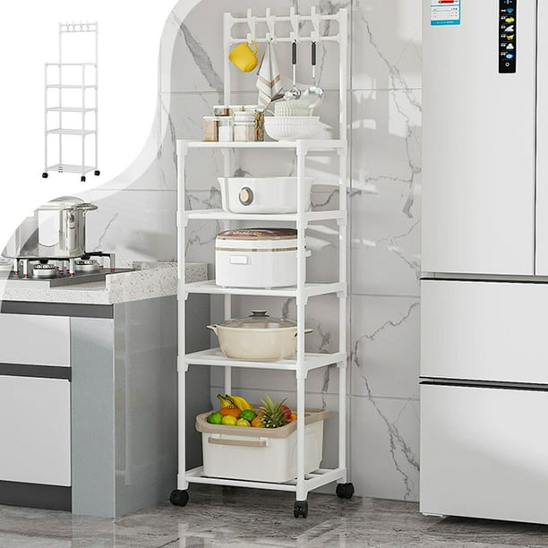 Estante de almacenamiento de cocina de 5 niveles Multi capa | Carro organizador rodante para cocina, baño, sala de estar | Plástico y acero, ventilado, fácil de mover | 59.8"x16.1"x11.8", Blanco