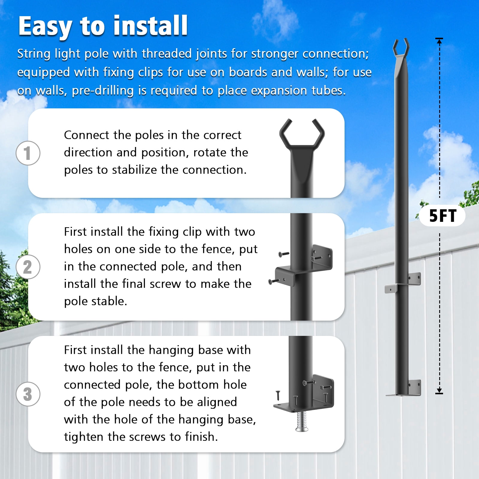 4pack 5 Ft String Light Poles, String Light Poles for Outside with Fixing Clips,Metal Poles for Outdoor String Lights, Hanging Light Poles for Deck Fence Garden Backyard Wall Bistro