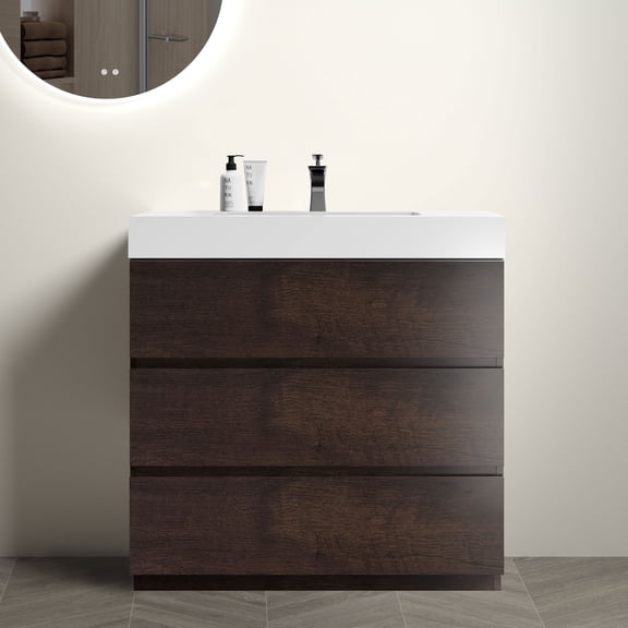 36" Walnut Bathroom Vanity with Sink, Large Storage Freestanding Bathroom Vanity for Modern Bathroom, One-Piece White Sink Basin Without Drain and Faucet, Pre-assembled