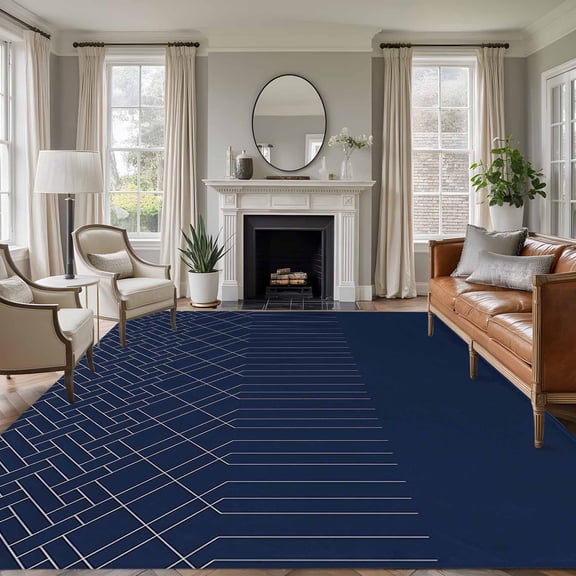 Navy Blue White Geometric Large Area Rug 8x10 FT, Non Slip Living Room Throw Carpet, Modern Herringbone Abstract Art Washable Soft Indoor Outdoor Carpet Non-Shedding Rug for Bedroom Dining Room