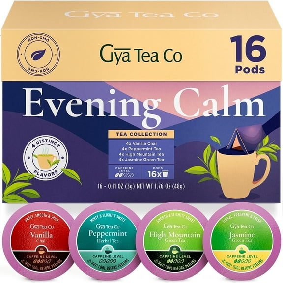 Gya Tea Co Evening Calm Tea K Cups Tea Variety Pack (16 ct) - 4 Flavors of Keurig Tea for Stress Relief - Vanilla Chai, Peppermint, High Mountain