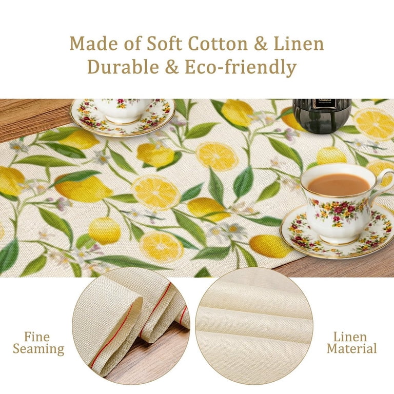 Summer Spring Yellow Lemon Linen Table Runner for Kitchen Dining