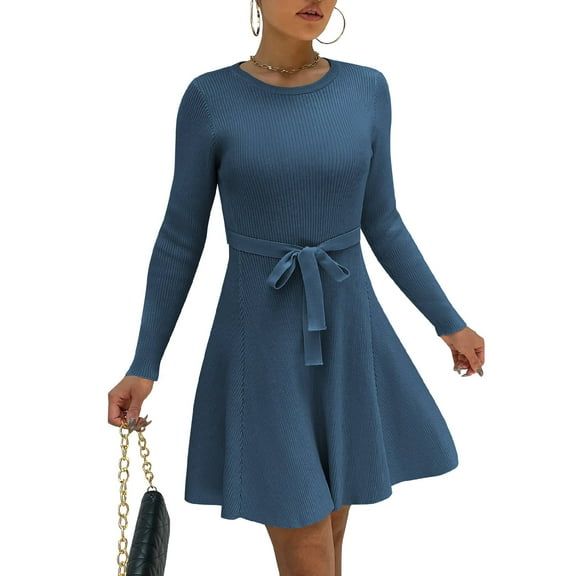 Weardear Kint Dress for Women 2025 Casual Long Sleeve Ribbed Flowy Crewneck Dress with Tie Waist