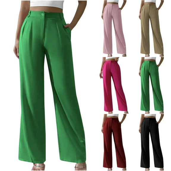 pstuiky Womens Pants Casual, Solid Color Casual Long Straight Leg High Waisted Outfits for Vacation with Pockets Fashion Activewear for Women Black L