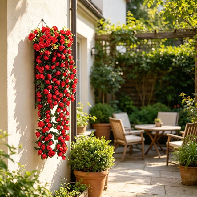 Glicina Artificial Flores Colgantes Enredaderas de Seda para Arco de Boda Pared Jardín Cerca Decoración Interior Exterior, Rojo, 95cm