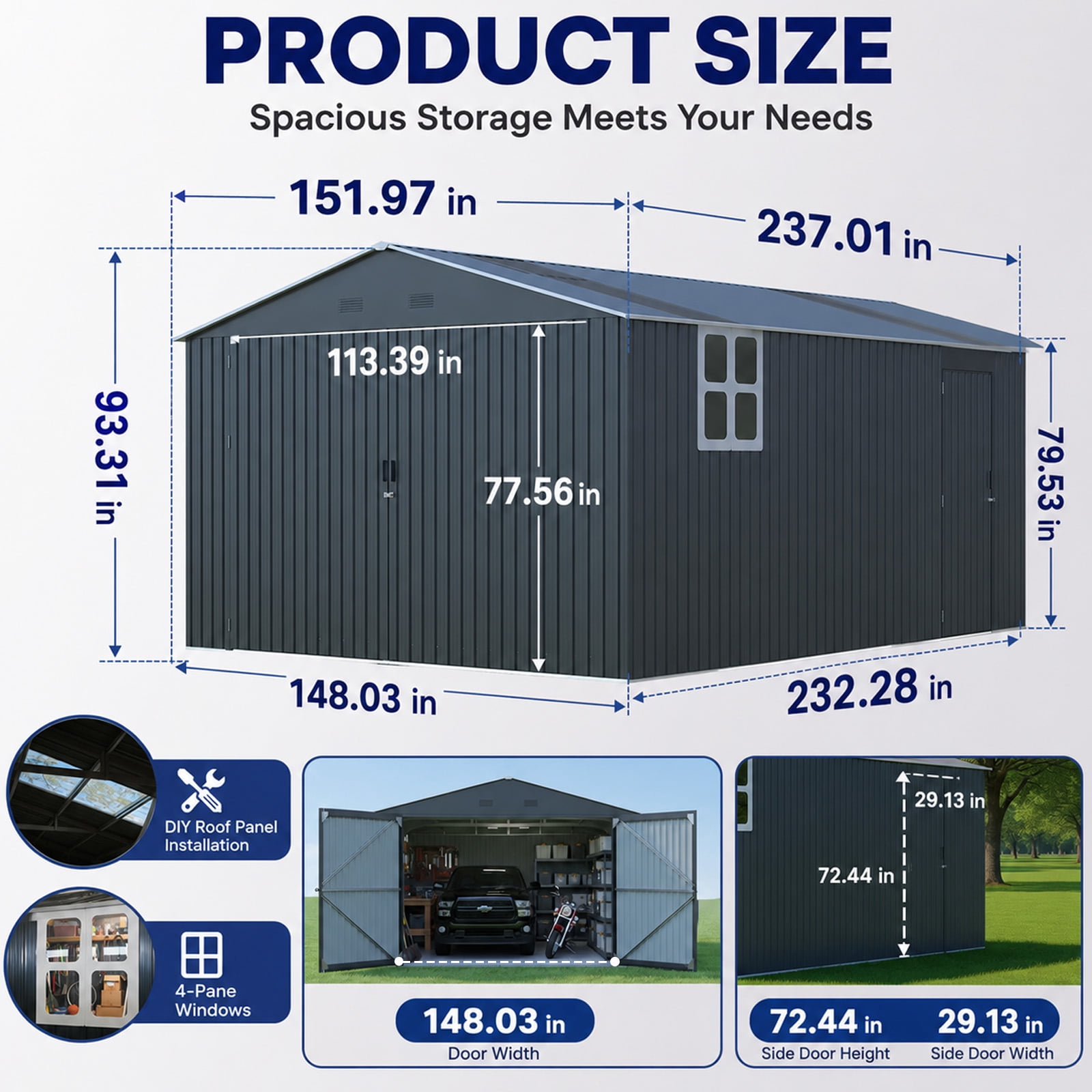 Zolyndo Metal Garage Shed 13x20 FT, Sheds & Outdoor Storage Clearance, Outdoor Storage Shed for Car, Truck, Bike, Lawnmower, Backyard Tool House, Boasting 2 Windows and 2 Translucent Panels