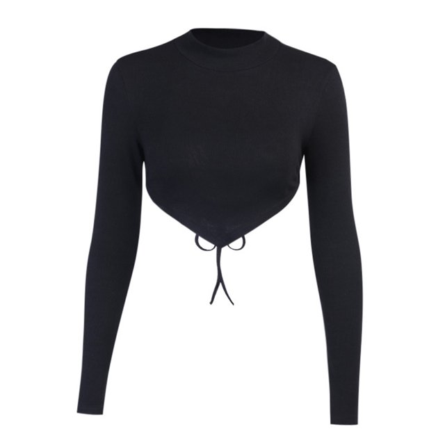 SUNSIOM Women Long Sleeve Crop Tops Solid Ribbed Knit Backless Lace-up Tops