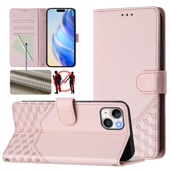 Designed for iPhone 13 Flip Phone Case,With Card Slots,PU Leather Flip Folding Kickstand,With Shoulder Strap and Wrist Strap,Honeycomb Pattern Design,Shockproof Wallet Case,Pink