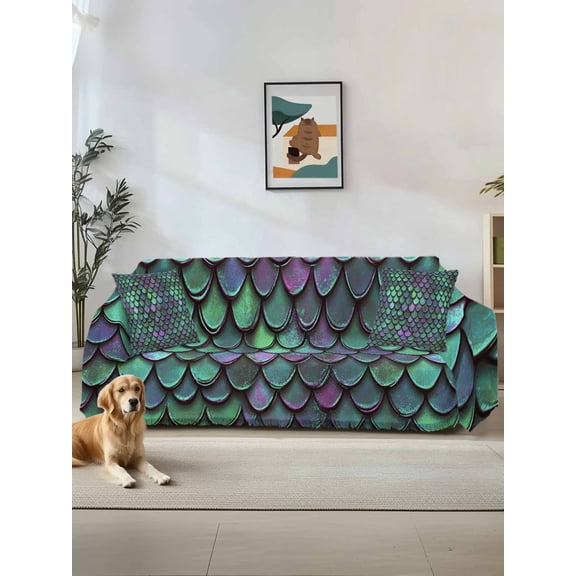 Coastal Teal Green Couch Cover for 2 Cushion Couch, Modern Ocean Mermaid Scales Washable Love Seat Sofa Covers Slipcover, Throw Sofa Covers for Pets, Furniture Protector 71"x102"